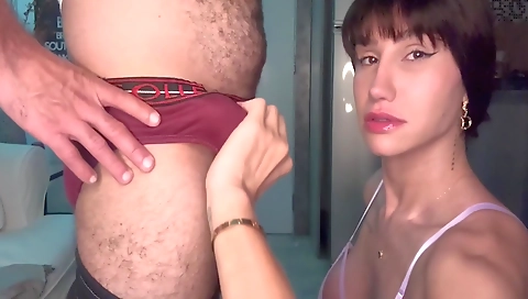 Sexy shemale with a great ass gets creampie in her mouth