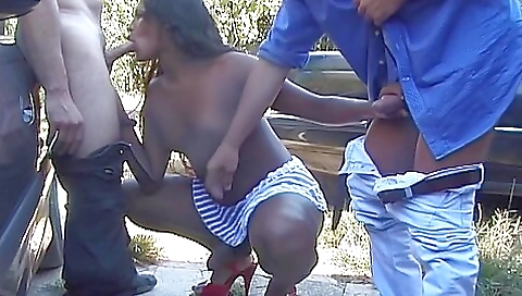 ebony tranny and trans whore having threesome