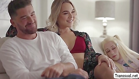 Blonde stepsister sucks and rides big dick in the threesome