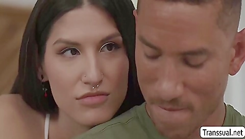 Busty tranny gets fucked in the back and in the throat