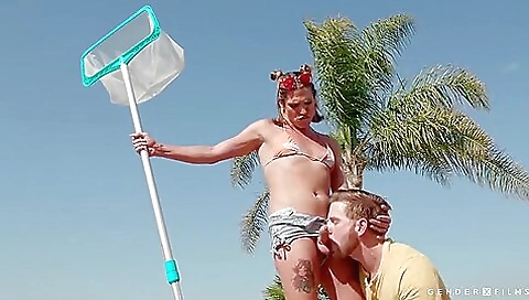 Blonde in her green bikini and tattooed pussy gets fucked