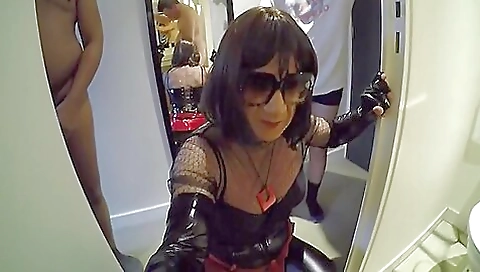 Busty brunette and shemale in stockings cum in her ass