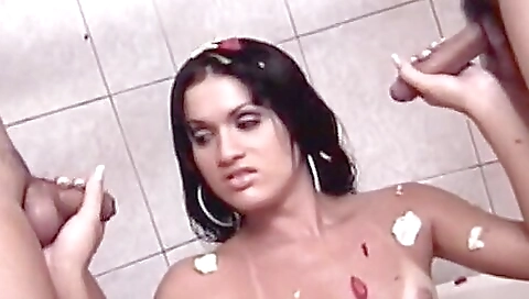 Busty shemale with a hairy pussy gets fucked by two men