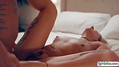 Tattooed chick gets anal fuck on a large black dick