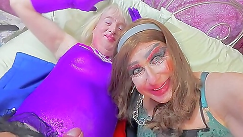 American blonde and brunette get fucked deepthroat and facial